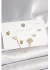 925 Ayar Gümüş Çivi Pirinç Gold Renk Zirkon Taşlı Yonca Model Sallantı Zincir Detay Kadın Küpe Seti