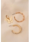 Altın Renkli Metal Zirkon Taşlı Kelebek Model Yarım Halka Küpe Seti