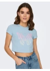 Baskılı Bisiklet Yaka Crop T-Shirt