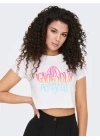 Baskılı Bisiklet Yaka Crop T-Shirt