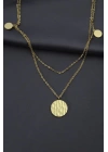 Çelik Gold Renk Desenli Oval Model Çift Zincir Tasarımlı Kadın Kolye