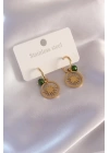 Çelik Gold Renk Güneş Figür Yeşil Kristal Detay Kadın Küpe