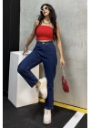 Düz Orta Kadın Mavi Slim Fit Mom pantolon