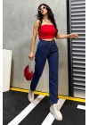 Düz Orta Kadın Mavi Slim Fit Mom pantolon