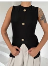 Kadın siyah bisiklet yaka gold düğmeli ottoman bluz s2310