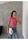 Kaşkorse Yaka Fermuarlı Bluz Fuşya
