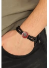 Osmanlı Tuğralı Kırmızı Metal Aksesuarlı Siyah Oniks Doğal Taş Erkek Bileklik