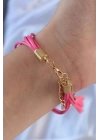 Pembe Zirkon Taşlı İpli Püskül Detay Çoklu Bileklik