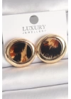 Pirinç Gold Renk Leopar Desen Daire Model Kadın Küpe