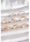 Pirinç Gold Renk Nazar Boncuk Model Kuş Detay Kadın Yüzük Kombini