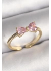 Pirinç Gold Renk Pembe Zirkon Taşlı Kalp Fiyonk Model Kadın Yüzük