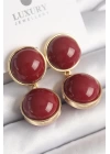 Pirinç Gold Renk Sallantı Bordo Daire Model Kadın Küpe