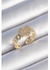 Pirinç Gold Renk Zincir Kordon Zirkon Taşlı Kalp Model Kadın Yüzük