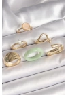 Pirinç Gold Renk Zirkon Taşlı Daire Pembe Mineli Detay 6Lı Kadın Yüzük Seti