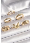 Pirinç Gold Renk Zirkon Taşlı İşleme Detaylı Kelebek Figürlü 6Lı Kadın Yüzük Seti