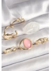 Pirinç Gold Renk Zirkonlı Oval Pembe Mineli 6Lı Kadın Yüzük Seti