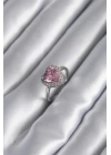 Pirinç Gümüş Renk Pembe Zirkon Taş Kalp Charm Model Kadın Yüzük