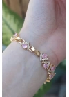 Vip Seri Pirinç Pembe Zirkon Taşlı Gold Renk V Model Bileklik