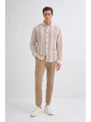 2007 Dik Çizgi Desenli Keten Uzun Kollu Erkek Gömlek Bej