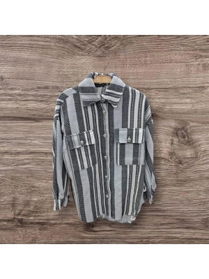 24K11642 Çizgi Desenli Düğmeli Gömlek Ceket