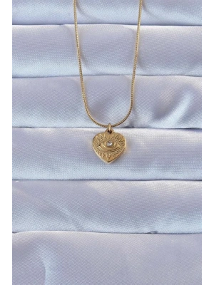 316L Altın Renk Zirkon Taşlı İşlemeli Göz Detay Kalp Kolye