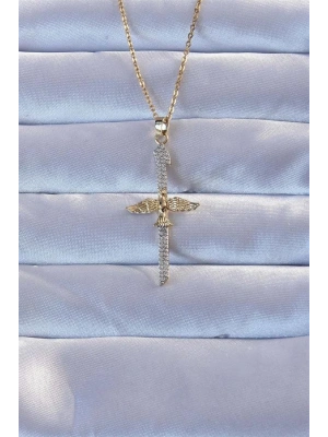 316L Altın Renk Zirkon Taşlı Kılıç Model Anka Kuşu Kolye