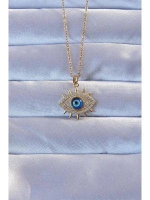 316L Altın Renk Zirkon Taşlı Nazarlı Göz Kolye