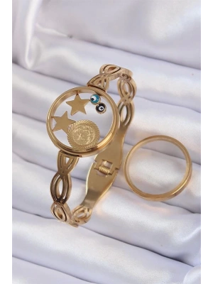 316L Çelik Altın Renk İçi Nazar Boncuk ve Yıldız Figürlü Açılabilir Fanus Kelepçe