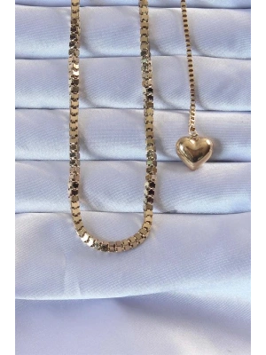 316L Çelik Altın Renk Küp Zincirli Kalpli Kolye