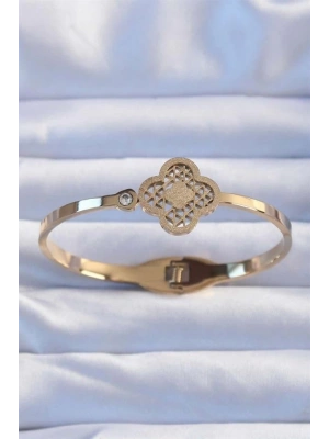 316L Çelik Altın Renk Zirkon Taşlı Simli Yonca Kelepçe