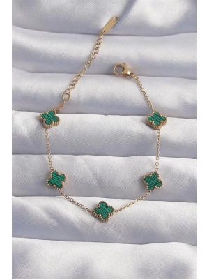 316L Çelik Baby Boy Gold Renk Çizgili Yeşil Mineli Yonca Bileklik