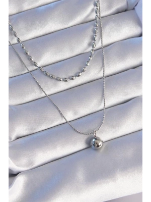 316L Çelik Çift Zincirli Gümüş Renk Topçuk Model Kolye