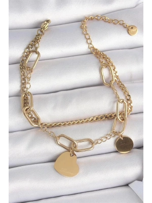 316L Çelik Gold Renk 2Li Zincir Model Sallantı Kalp Figür Kadın Bileklik