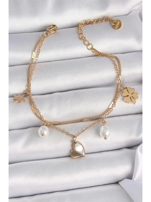 316L Çelik Gold Renk 2li Zincir Model Sallantı Kalp Figür Yonca Detay Kadın Bileklik
