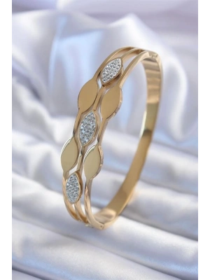 316L Çelik Gold Renk Arpa Model Zirkon Taş Detay Kadın Kelepçe Bileklik