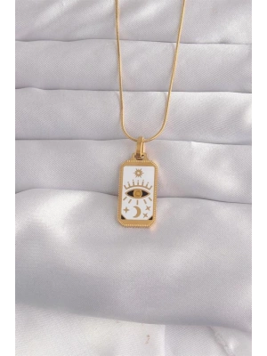 316L Çelik Gold Renk Beyaz Mineli Göz Figür Tarot Kolye