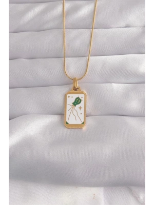 316L Çelik Gold Renk Beyaz Mineli Tarot Kolye