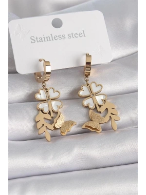 316L Çelik Gold Renk Beyaz Sedefli Yonca Simli Kelebek Figür Kadın Küpe