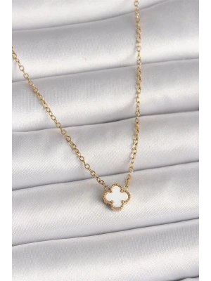 316L Çelik Gold Renk Beyaz Yonca Model Kadın Kolye