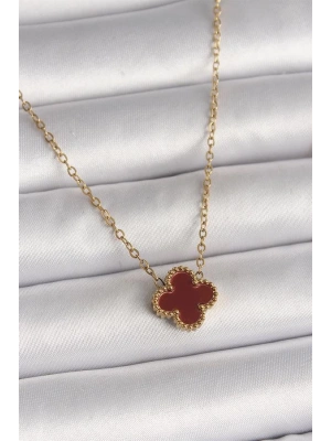 316L Çelik Gold Renk Bordo Yonca Model Kadın Kolye