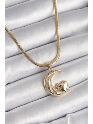316L Çelik Gold Renk Çelik İtalyan Zincir Zirkon Taşlı Halil Figür Kalp Detay Kadın Kolye