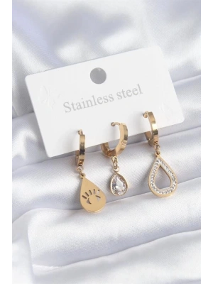 316L Çelik Gold Renk Damla Model Göz İşleme Zirkon Taş Detay Kadın Küpe