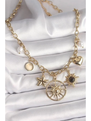 316L Çelik Gold Renk Güneş Model Siyah Mineli Güneş Detay Kadın Kolye