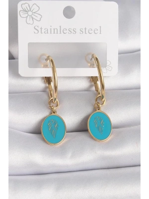 316L Çelik Gold Renk Halka Model Mavi İşlemeli Detay Kadın Küpe