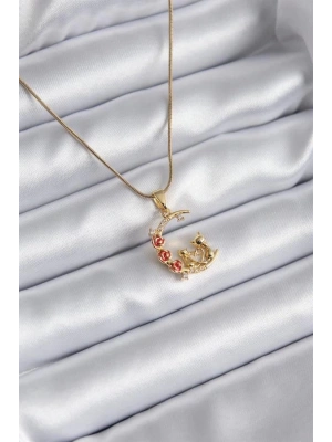 316L Çelik Gold Renk Hilal Kedi Model Zirkon Taşlı Detay Kadın Kolye