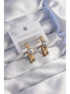 316L Çelik Gold Renk İnci Taşlı Dikdörtgen Model Küpe