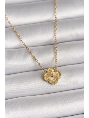 316L Çelik Gold Renk İşleme Detaylı Yonca Model Kadın Kolye