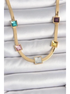 316L Çelik Gold Renk İtalyan Zincir Model Kare Renkli Zirkon Taşlı Kadın Kolye