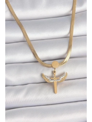 316L Çelik Gold Renk İtalyan Zincir Zirkon Taş Detaylı Mikail Model Kadın Kolye