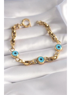 316L Çelik Gold Renk Kalın Zincir Nazar Boncuk Detay Kadın Bileklik